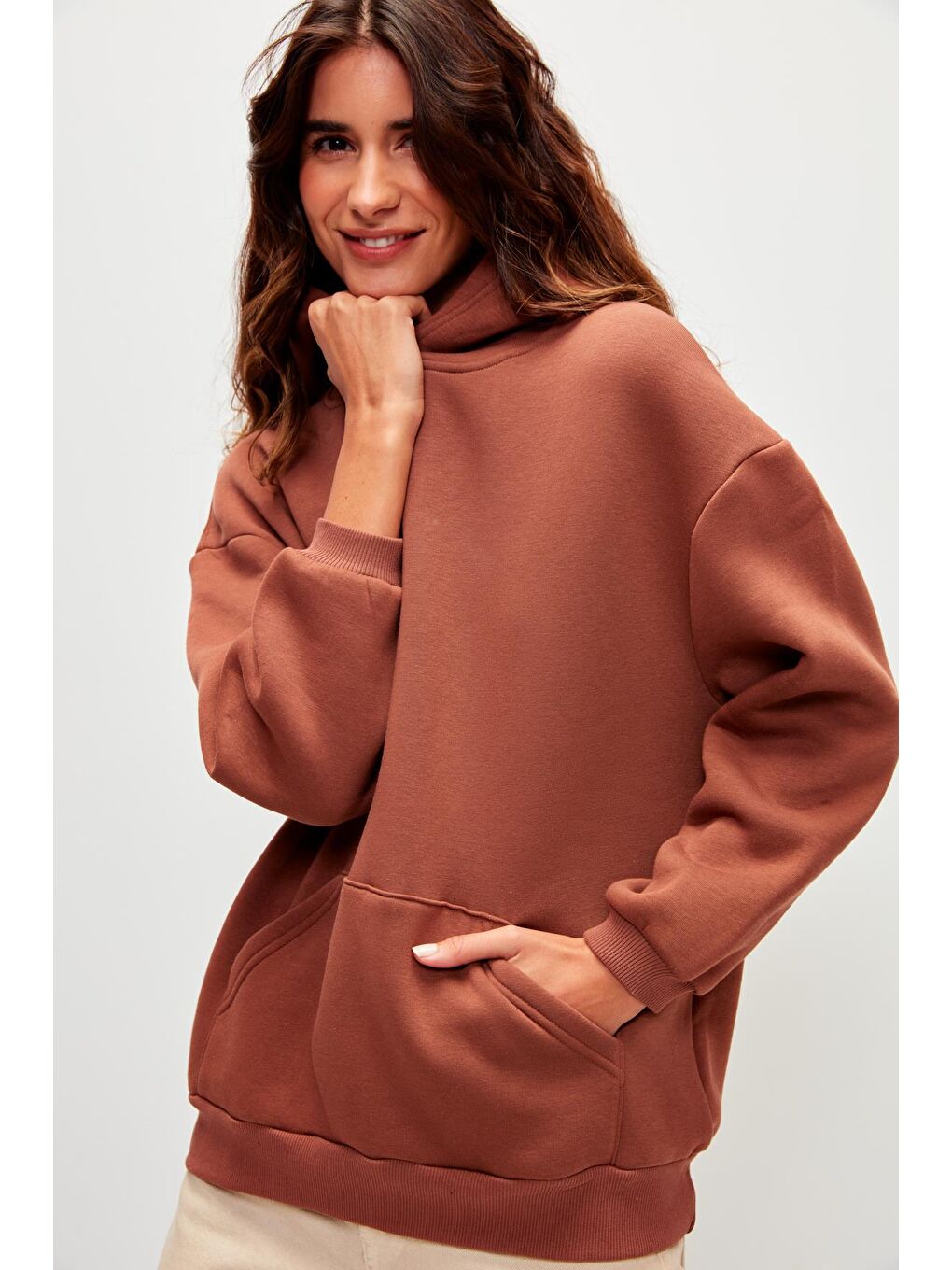 Kahverengi Kapüşonlu Düz Renk Sweatshirt Hoodie-1