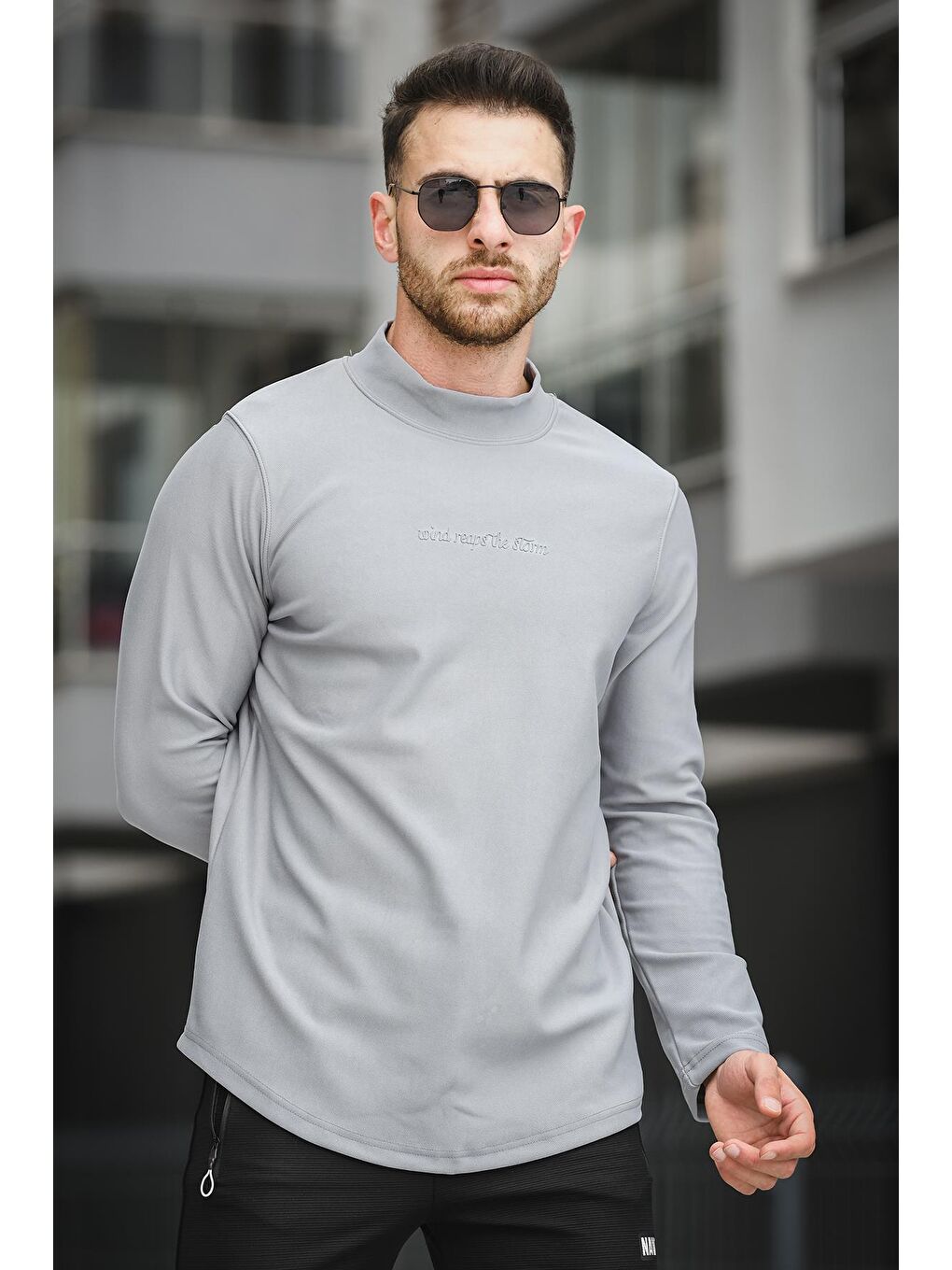 Gri Storm Flok Baskılı Slim Fit Elastanlı Yarım Balıkçı Erkek Sweatshirt-1