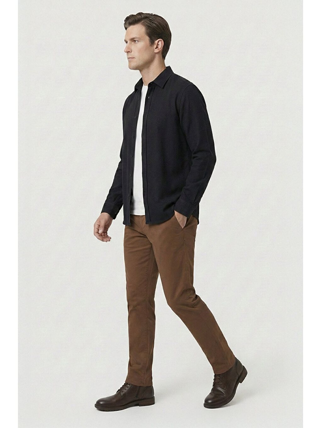 Siyah Regular Fit Pamuklu Uzun Kollu Düz Polo Yaka Erkek Gömlek-2