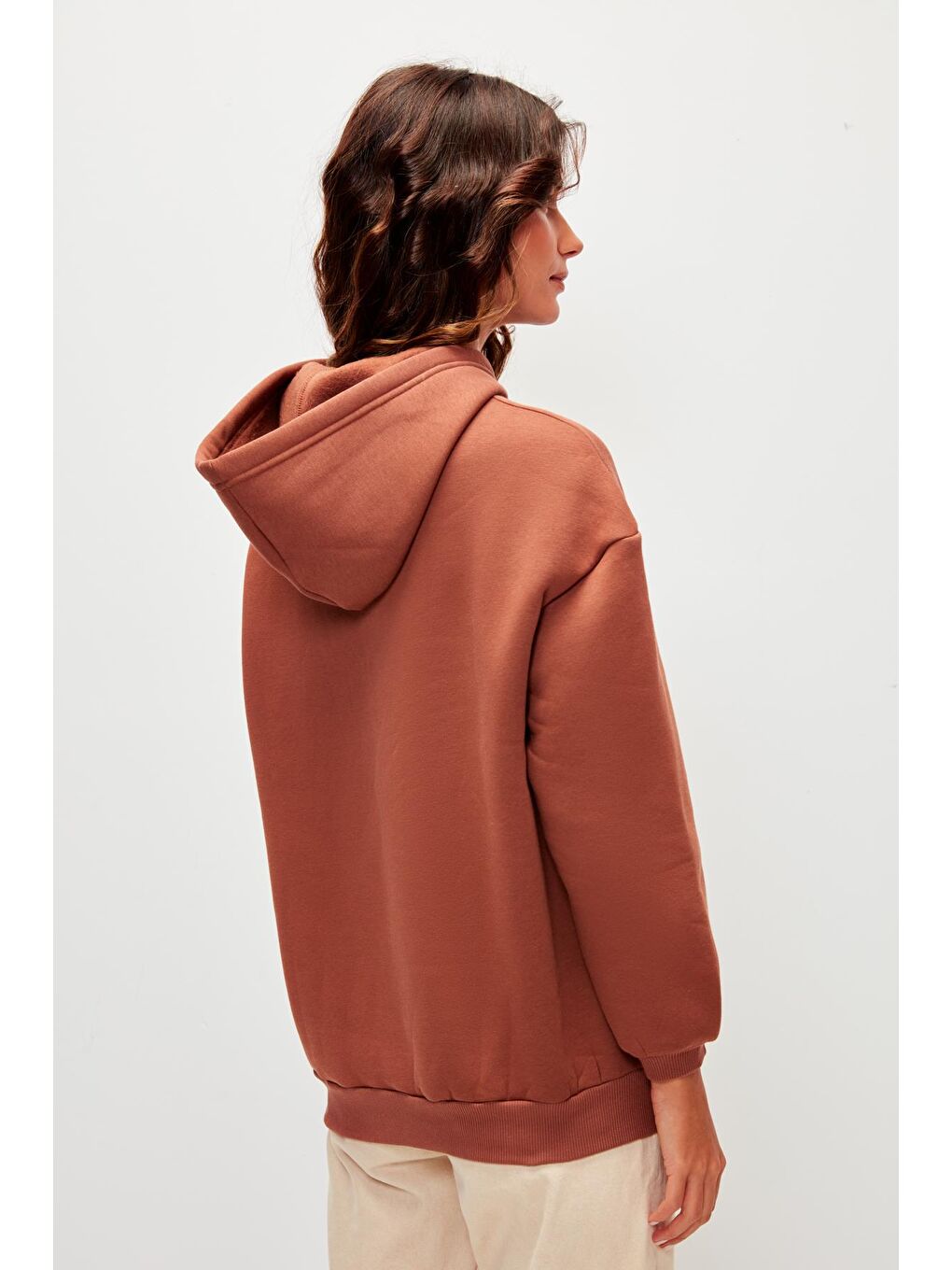 Kahverengi Kapüşonlu Düz Renk Sweatshirt Hoodie-2