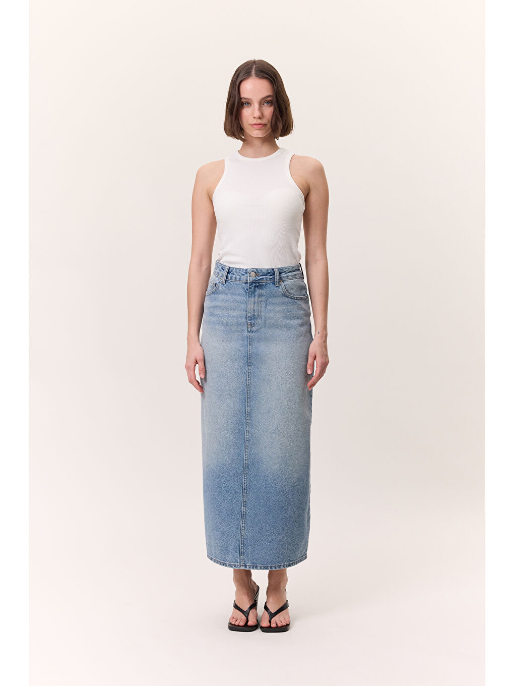 Uzun Denim Etek Mavi