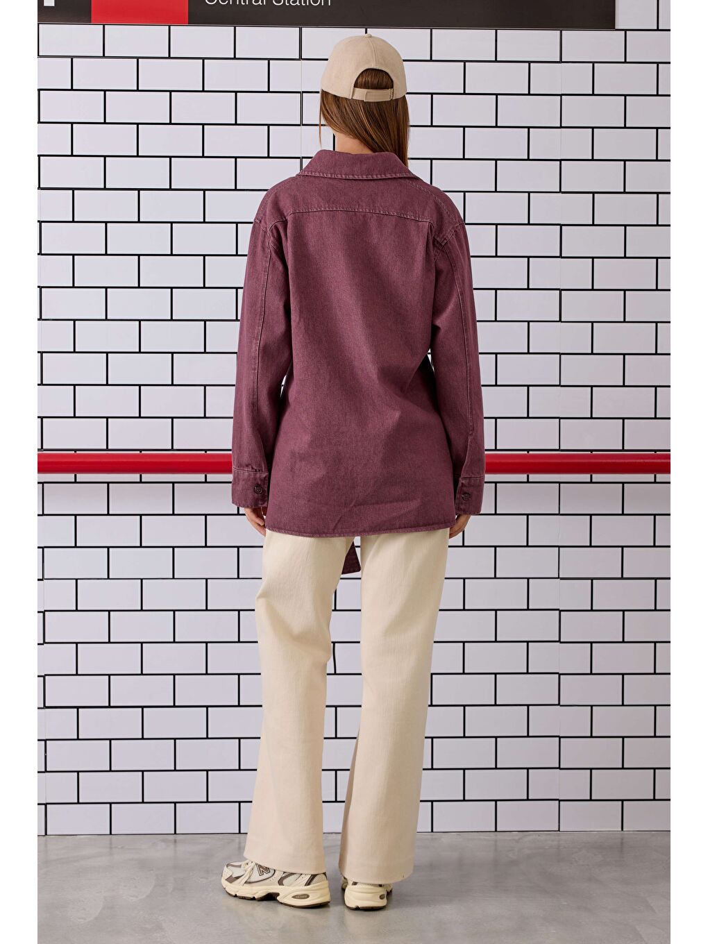 Kemerli Denim Gömlek Bordo-1