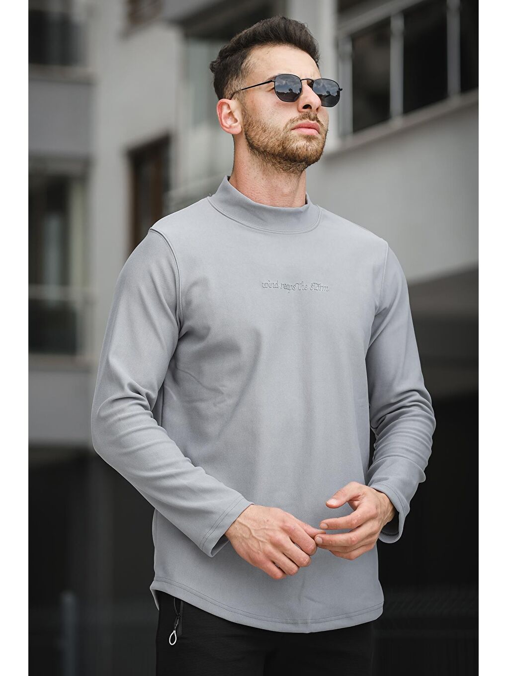 Gri Storm Flok Baskılı Slim Fit Elastanlı Yarım Balıkçı Erkek Sweatshirt-2
