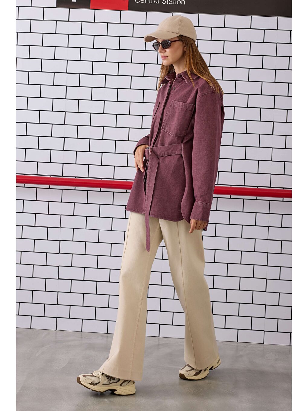 Kemerli Denim Gömlek Bordo-2