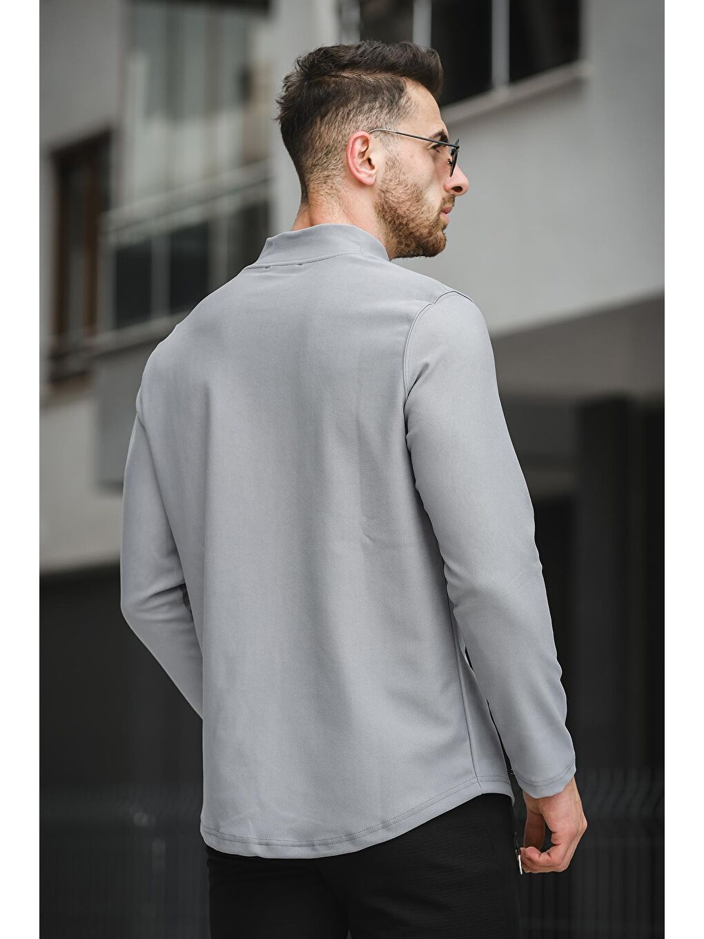 Gri Storm Flok Baskılı Slim Fit Elastanlı Yarım Balıkçı Erkek Sweatshirt-3