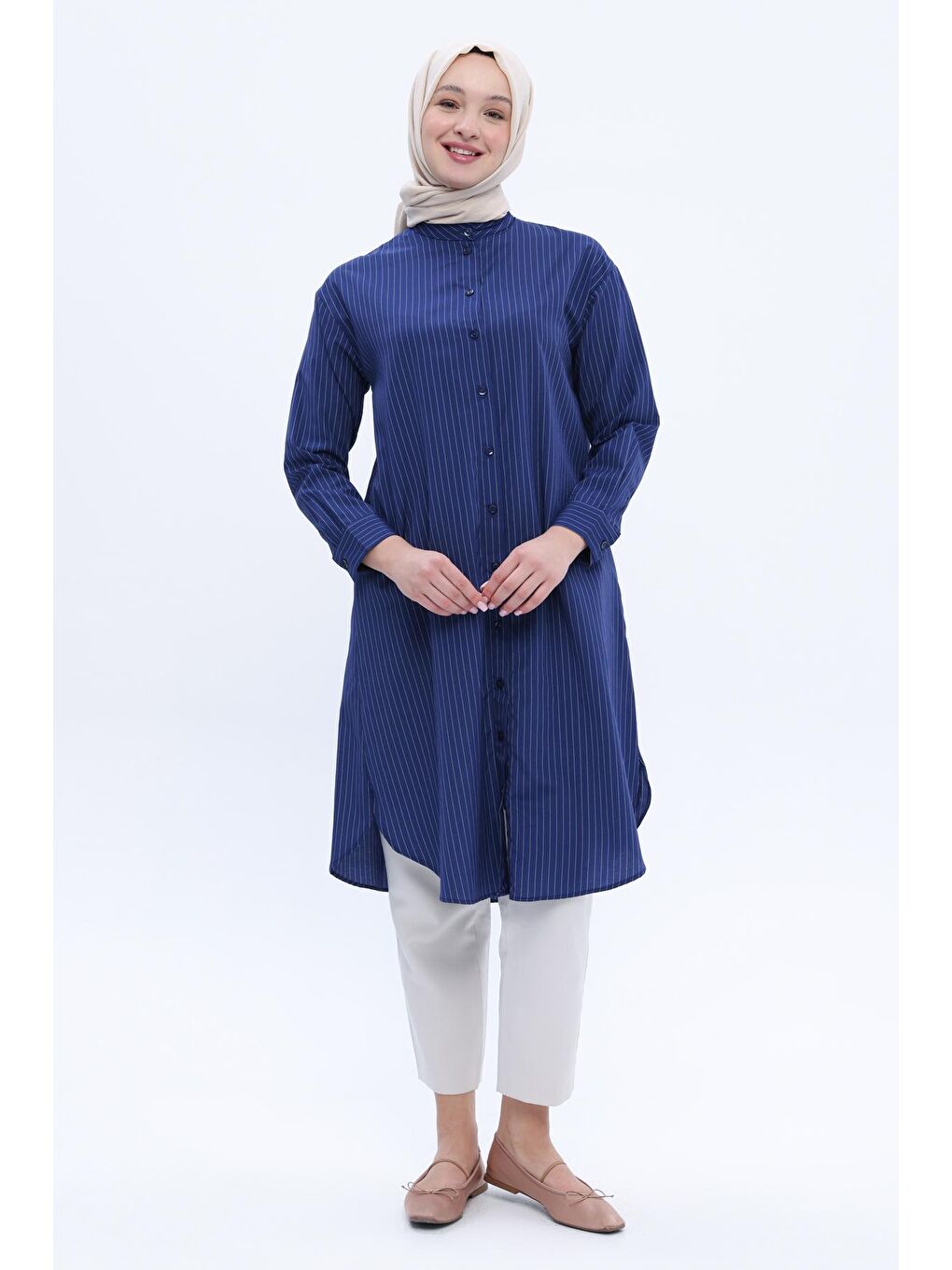Lacivert-Pamuklu Çizgili Uzun Poplin Gömlek