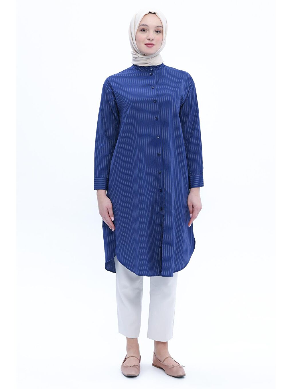 Lacivert-Pamuklu Çizgili Uzun Poplin Gömlek-1