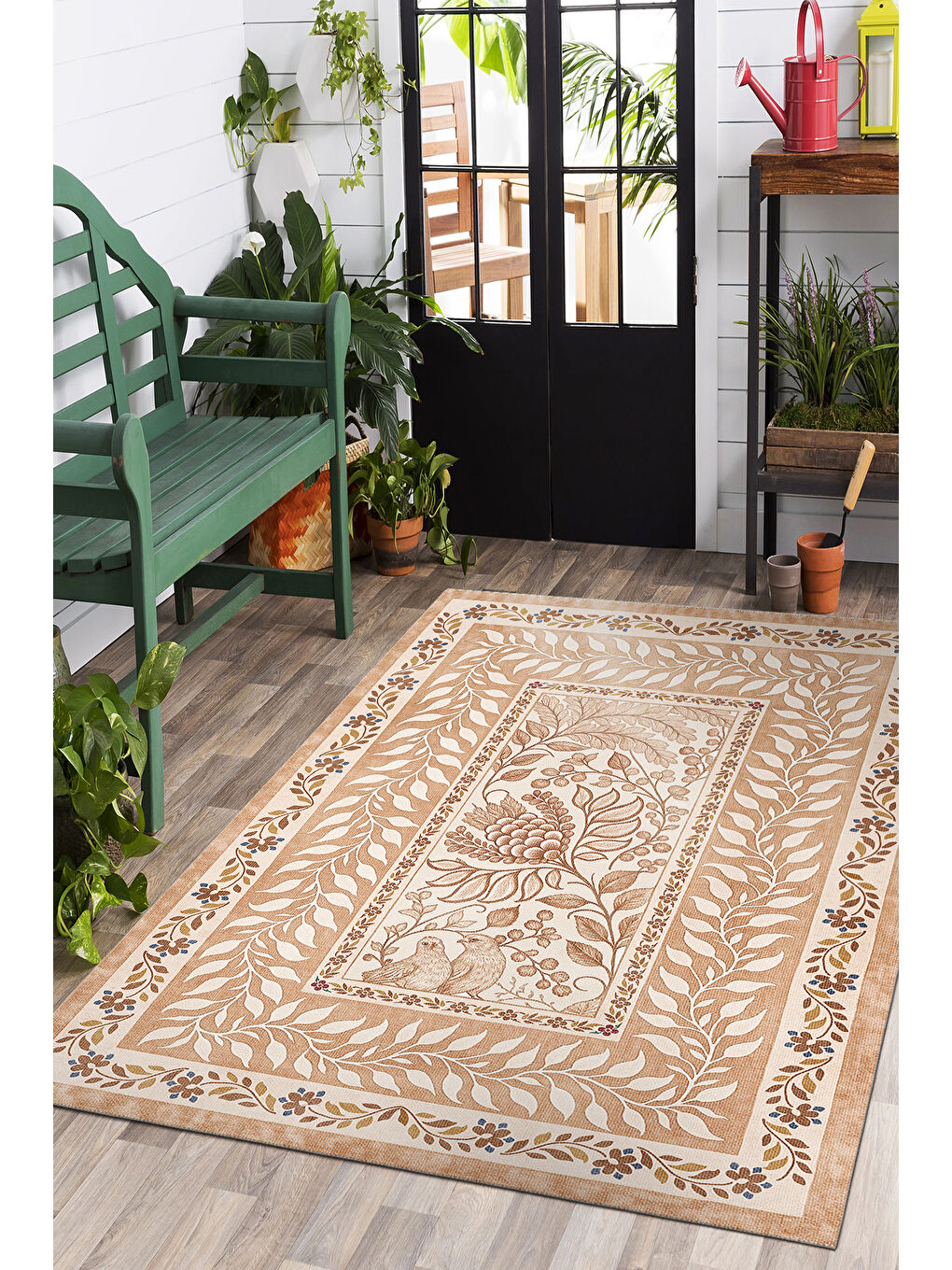 Bej Dekoratif Salon Halısı, Makinada Yıkanabilir, Kaymaz Taban, İnce & Modern Tasarım-3