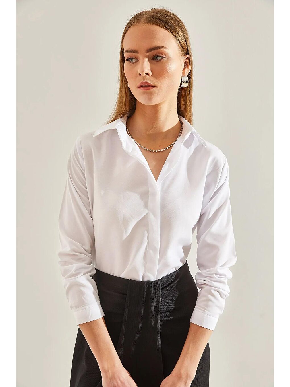 Beyaz Kadın Basic Gömlek-1