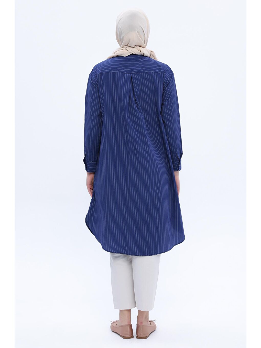 Lacivert-Pamuklu Çizgili Uzun Poplin Gömlek-3