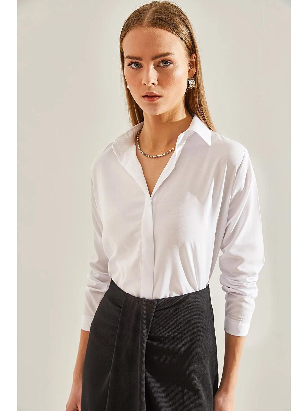 Beyaz Kadın Basic Gömlek-2