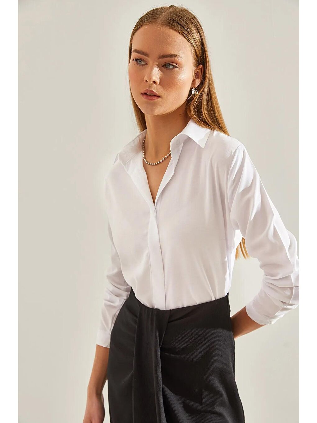 Beyaz Kadın Basic Gömlek-4