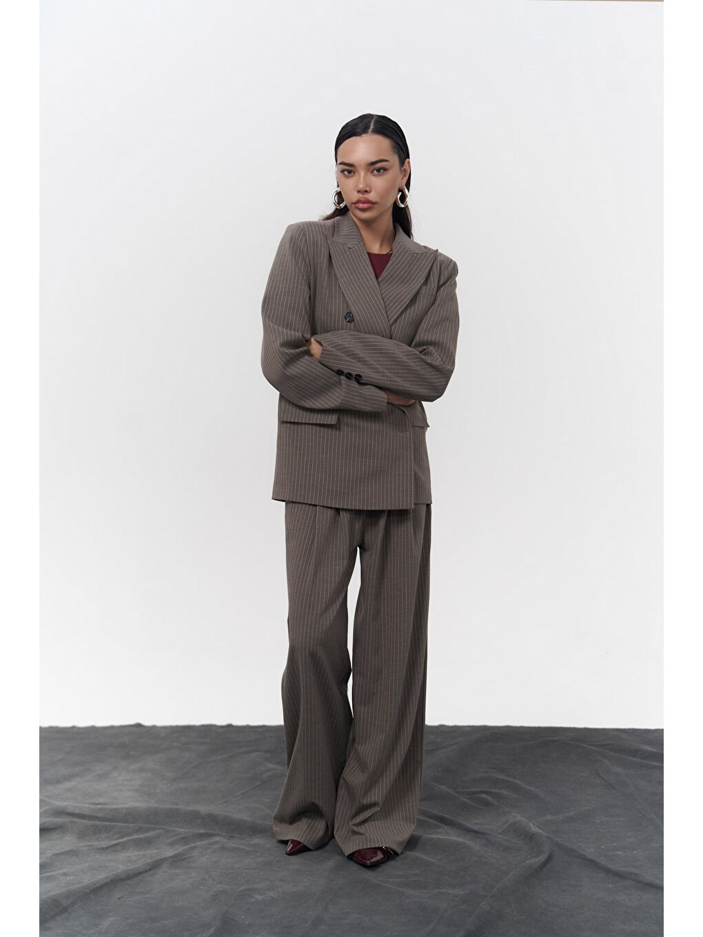Mai Collection Gri Bianda Çizgili Füme Blazer Ceket