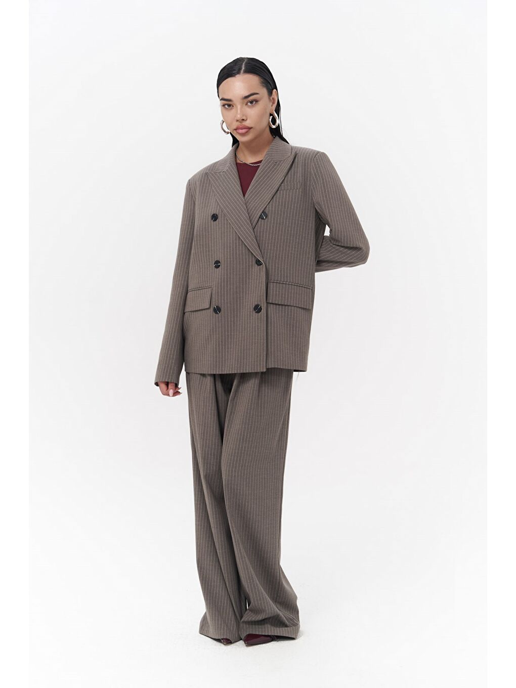 Mai Collection Gri Bianda Çizgili Füme Blazer Ceket - 1