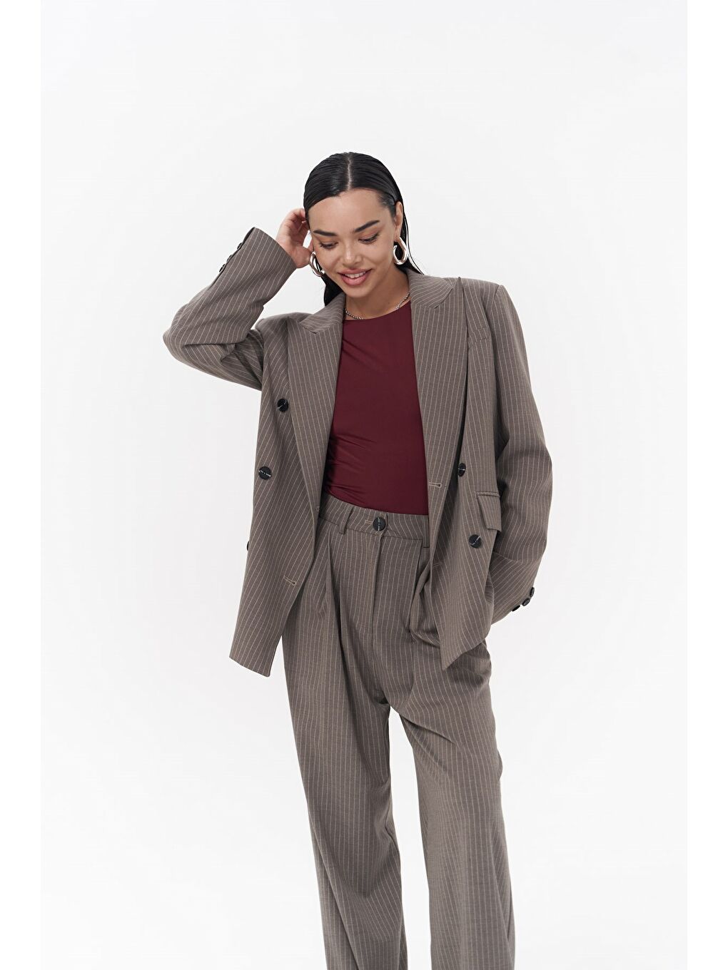 Mai Collection Gri Bianda Çizgili Füme Blazer Ceket - 2