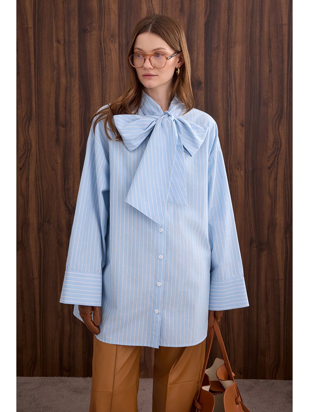 Fiyonk Detaylı Gömlek Bebe Mavi Çizgi-1