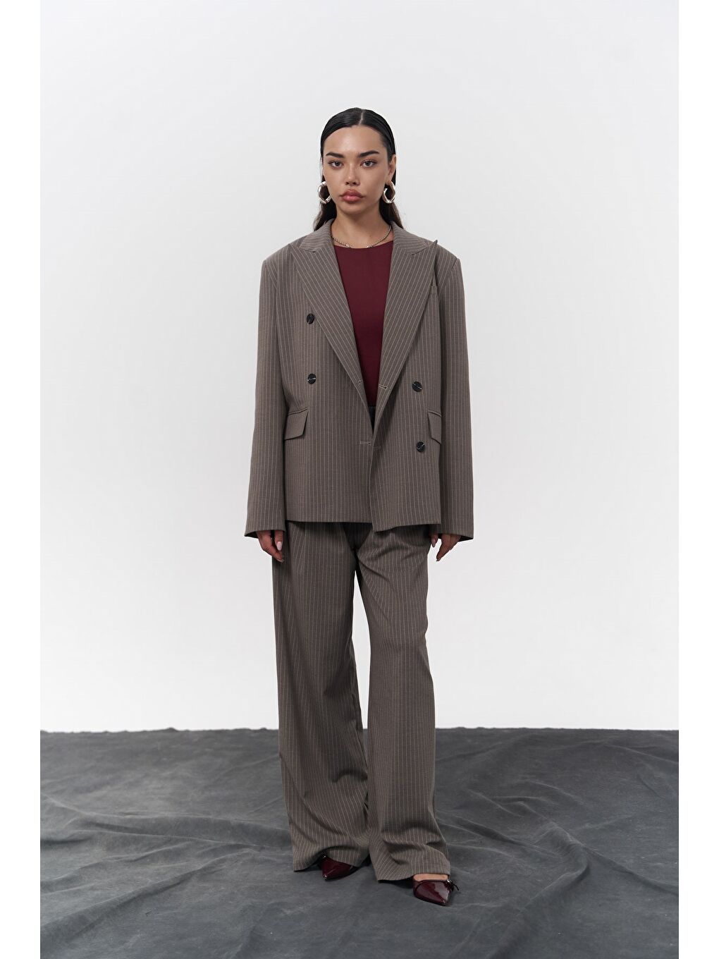 Mai Collection Gri Bianda Çizgili Füme Blazer Ceket - 3