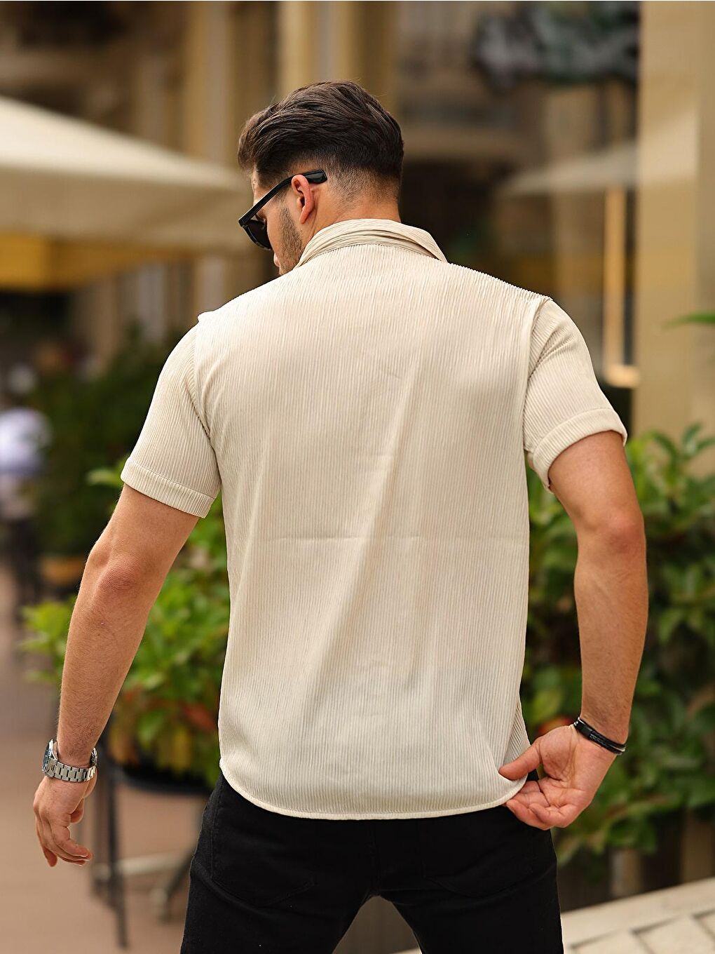 Bej Erkek Yazlık Elastanlı Slim Fit Gömlek Yaka Kısa Kollu Gömlek-3