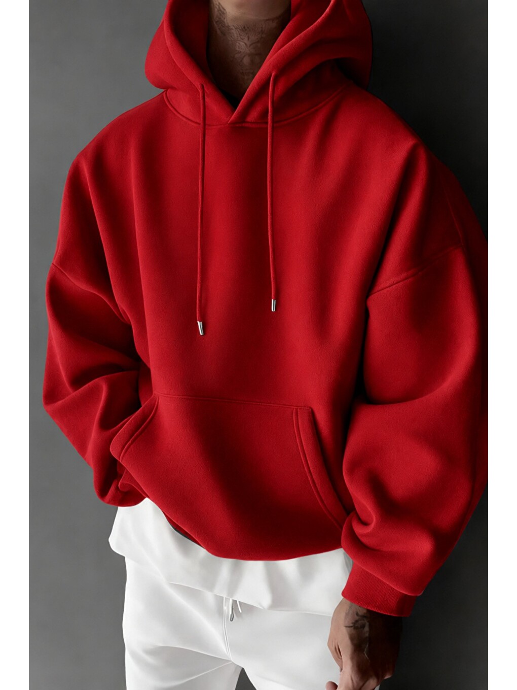 Kırmızı Regular Kapüşonlu Sweatshirt Erkek Unisex 3 İplik Şardonlu %100 Pamuk Basic Hoodie