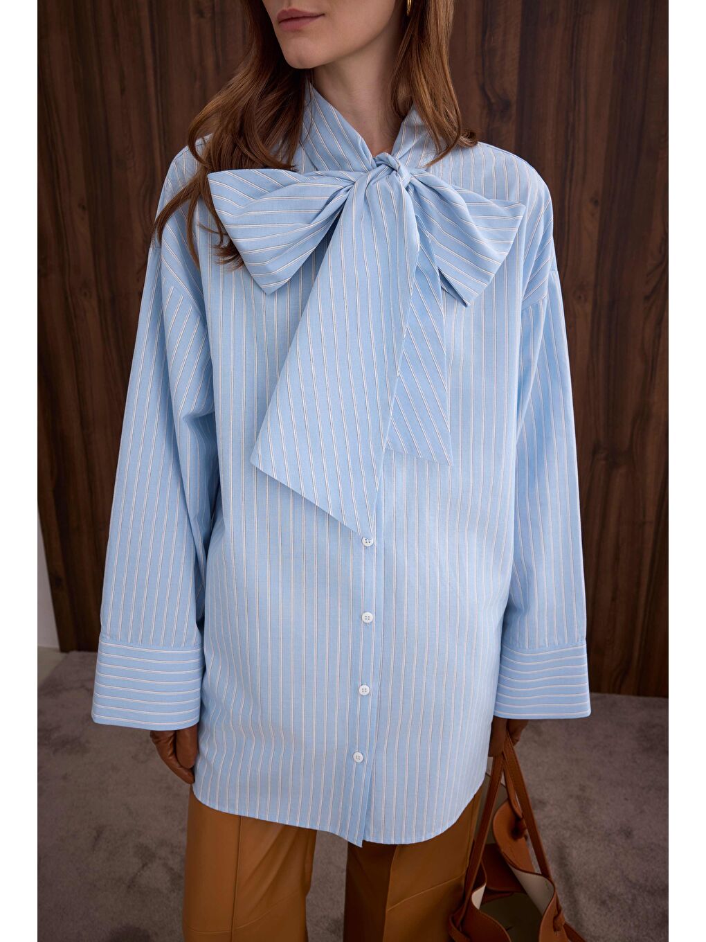 Fiyonk Detaylı Gömlek Bebe Mavi Çizgi-3