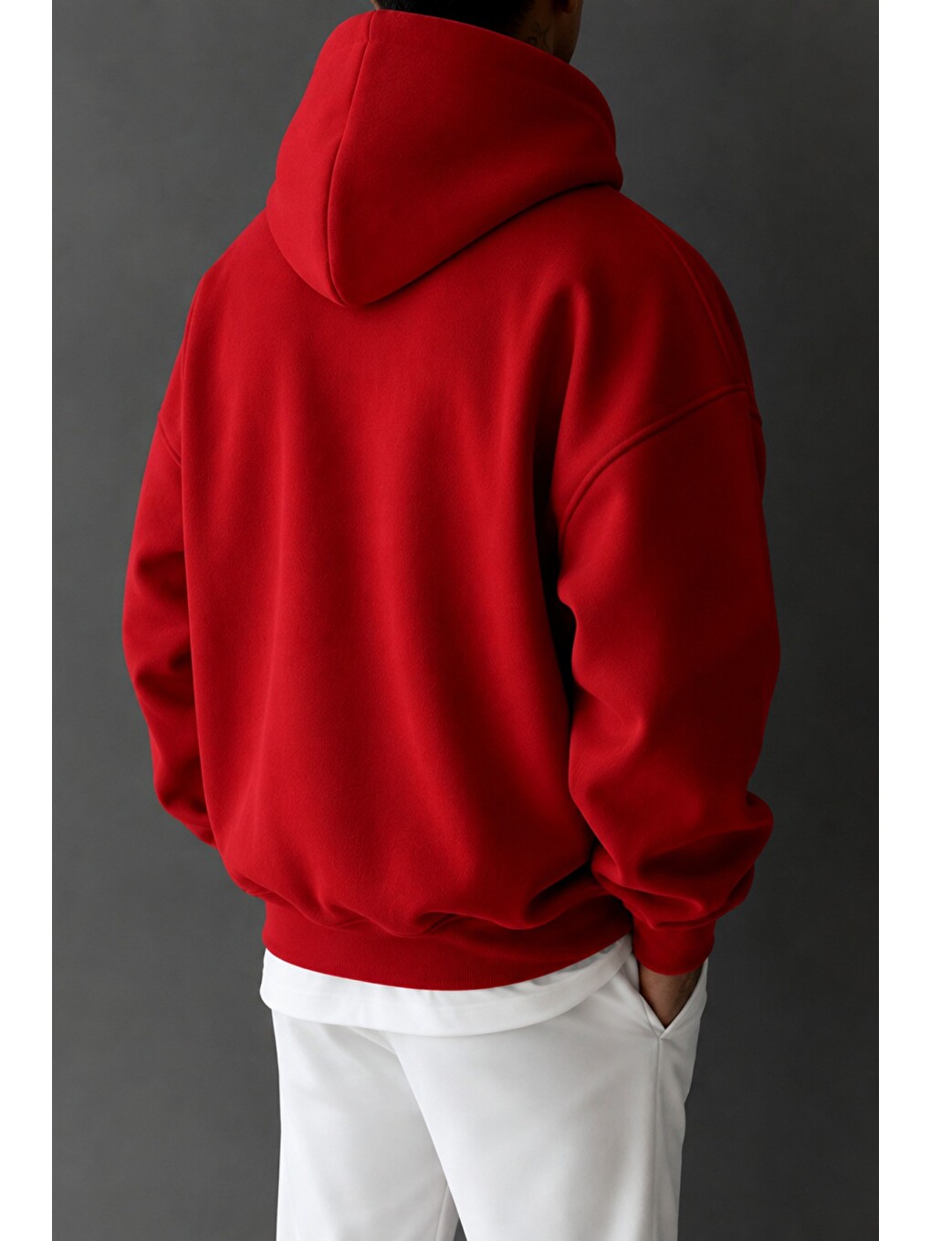 Kırmızı Regular Kapüşonlu Sweatshirt Erkek Unisex 3 İplik Şardonlu %100 Pamuk Basic Hoodie-1
