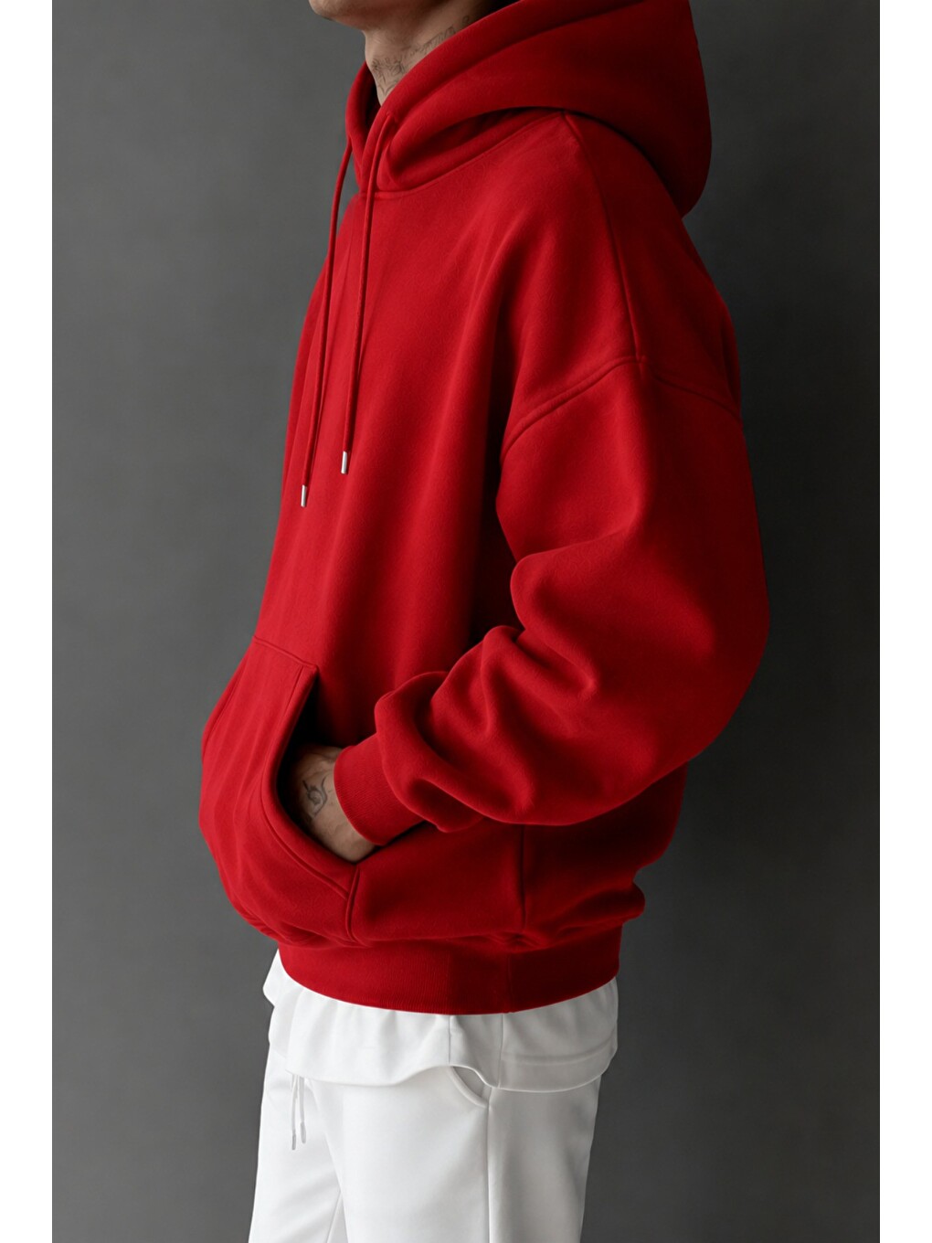 Kırmızı Regular Kapüşonlu Sweatshirt Erkek Unisex 3 İplik Şardonlu %100 Pamuk Basic Hoodie-2