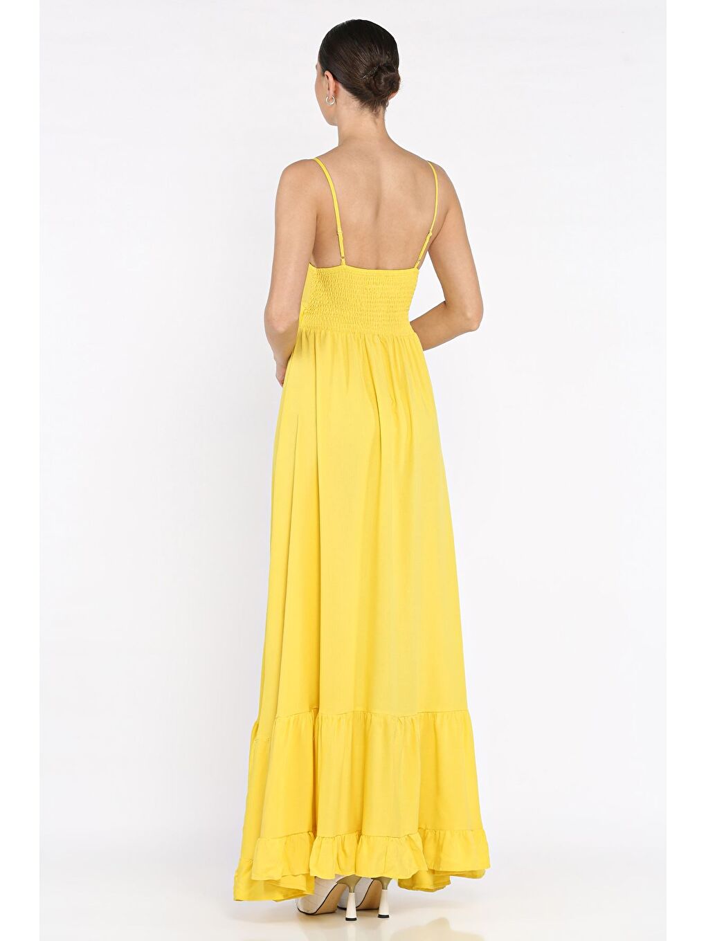 Sarı İp Askılı Bel Bağcıklı Desenli Viskon Elbise-2