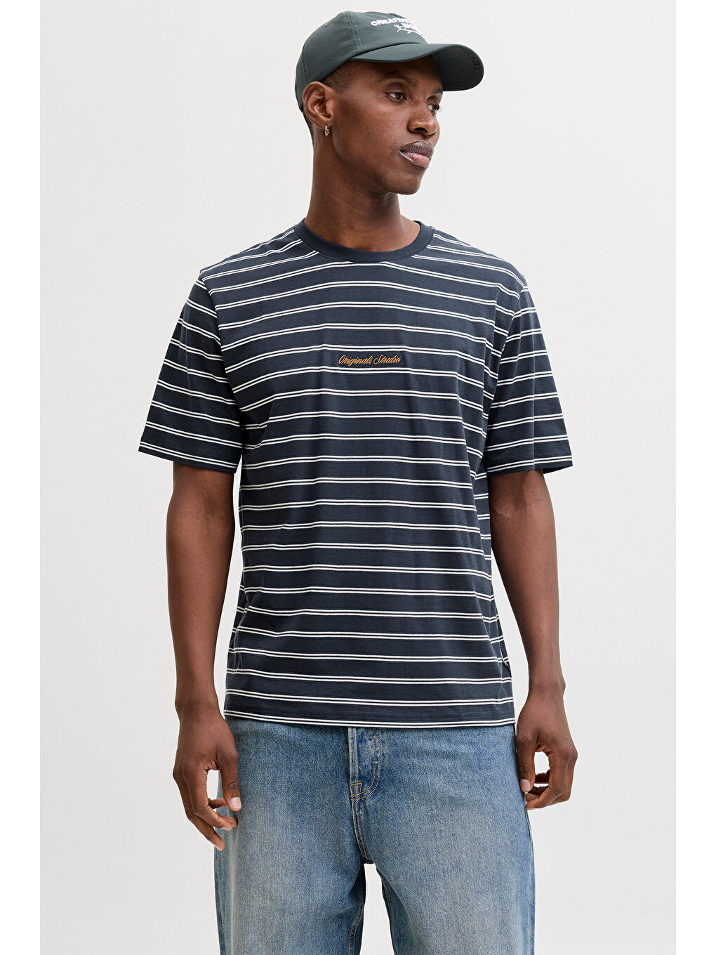 Lacivert Originals Çizgili Pamuklu Relaxed Fit Bisiklet Yaka T Shirt 12291021