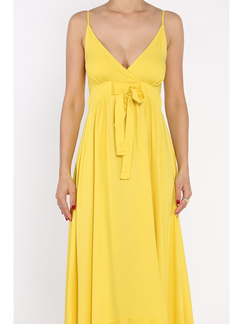 Sarı İp Askılı Bel Bağcıklı Desenli Viskon Elbise-3