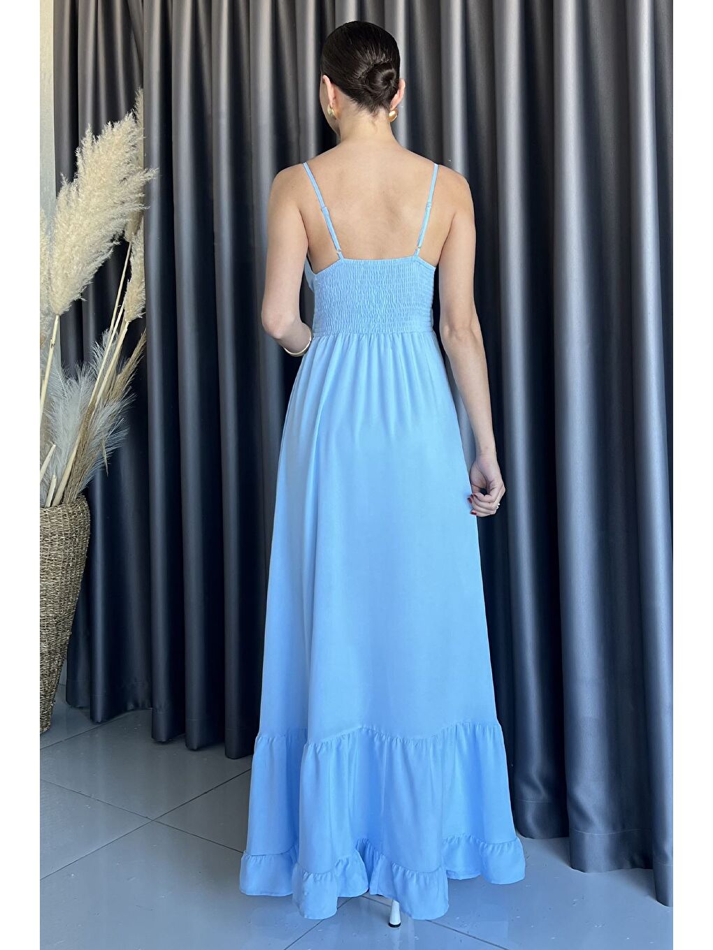 Mavi İp Askılı Bel Bağcıklı Desenli Viskon Elbise-2