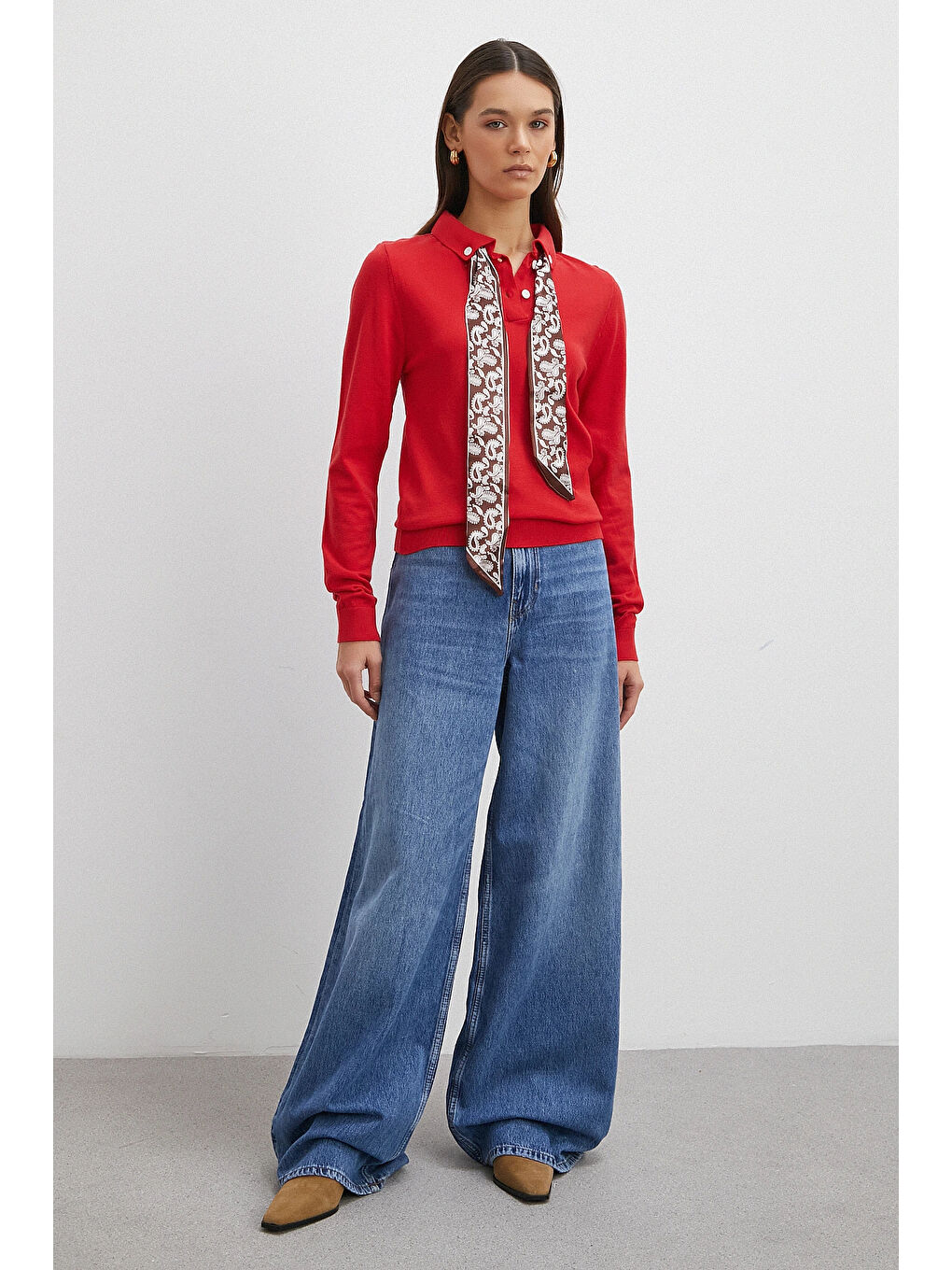 Fularlı Polo Yaka Kazak Kırmızı-1