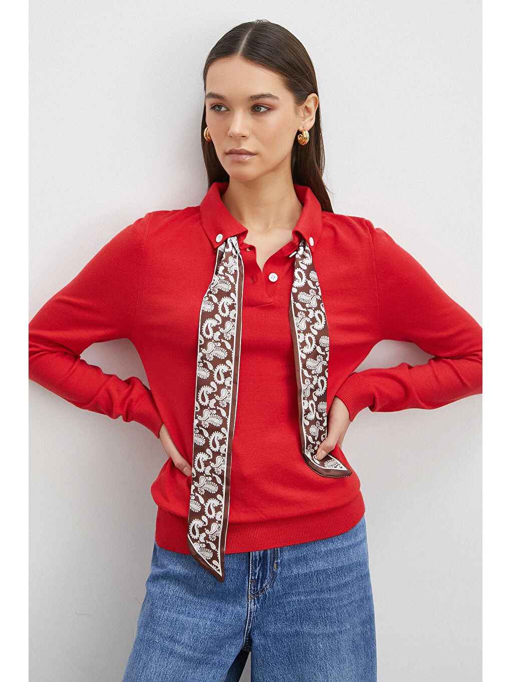 Fularlı Polo Yaka Kazak Kırmızı-2