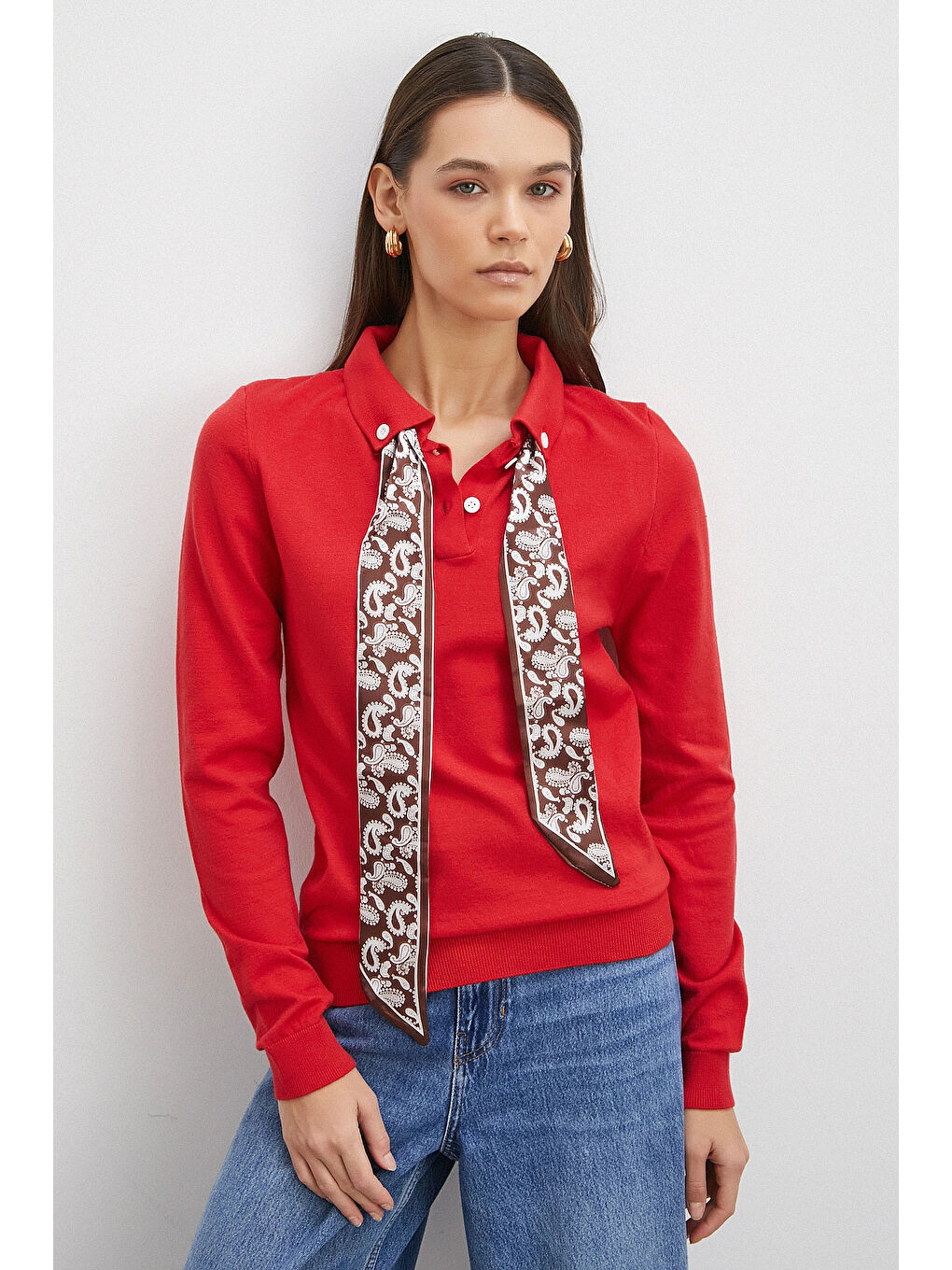 Fularlı Polo Yaka Kazak Kırmızı-3