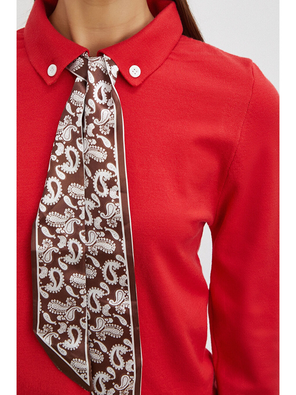 Fularlı Polo Yaka Kazak Kırmızı-4