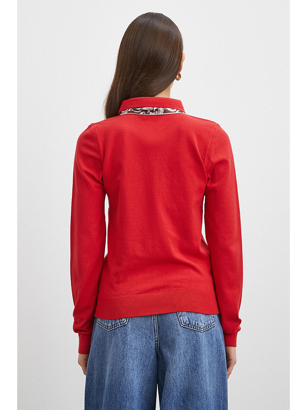 Fularlı Polo Yaka Kazak Kırmızı-5