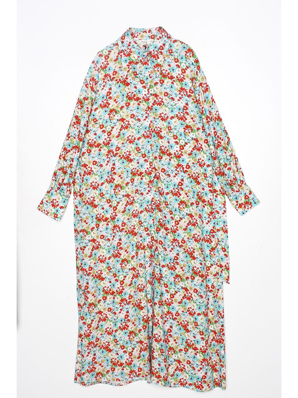 Gri-Kırmızı Eteği Volanlı Desenli Kuşaklı Gömlek Elbise-4