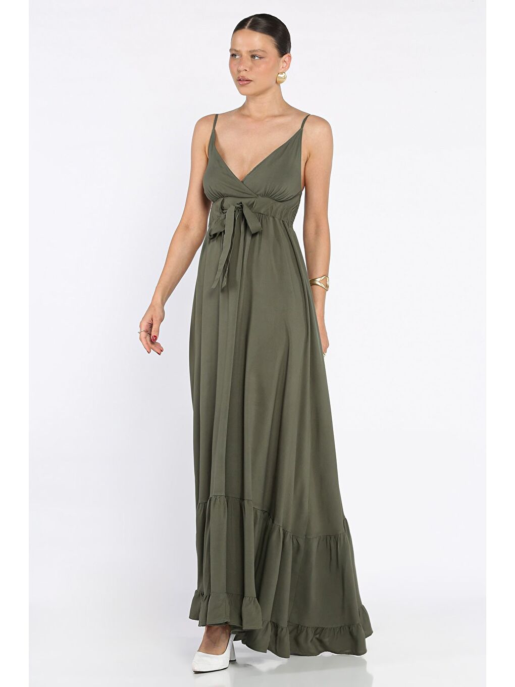 Haki İp Askılı Bel Bağcıklı Desenli Viskon Elbise-1