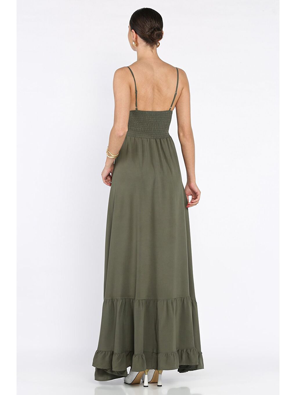 Haki İp Askılı Bel Bağcıklı Desenli Viskon Elbise-2