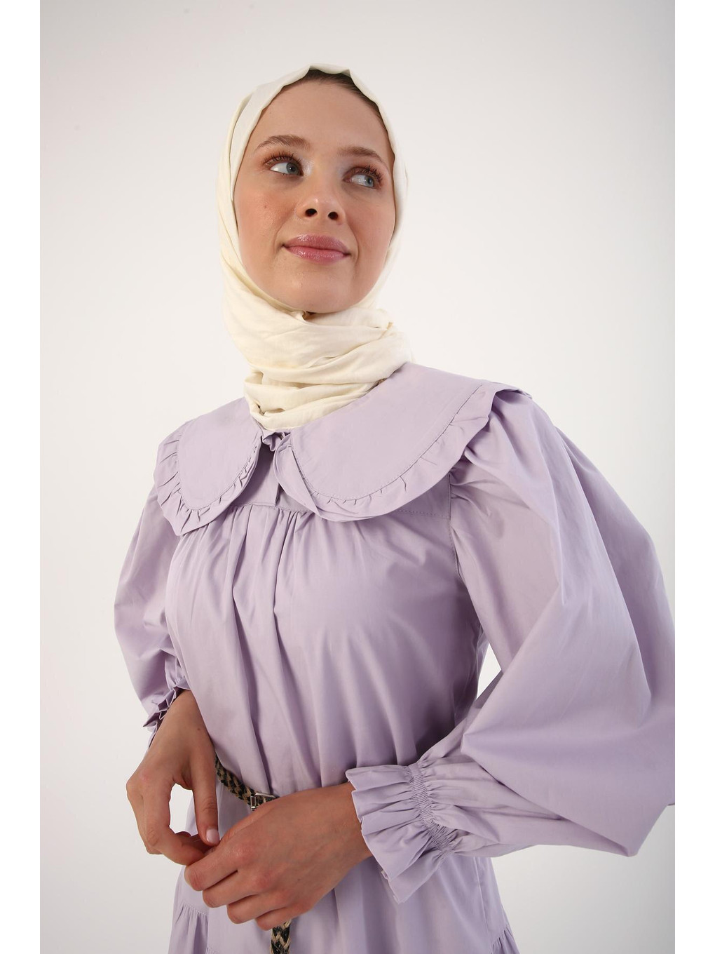 Lila %100 Pamuk Bebe Yaka Fırfırlı Kemerli Elbise