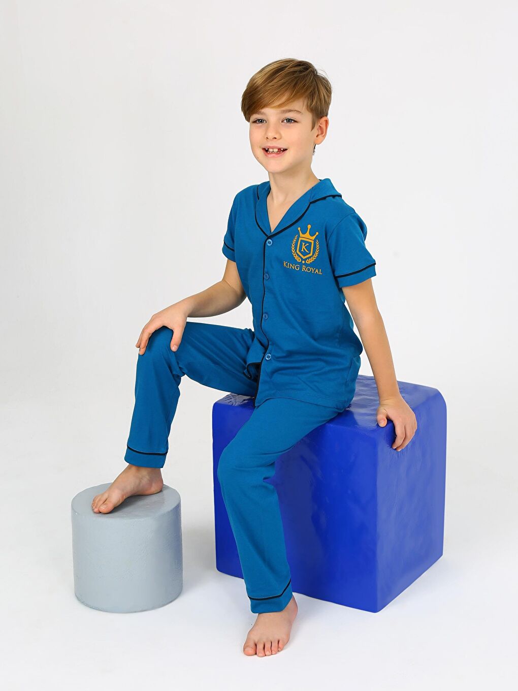 Erkek Çocuk Kısa Kollu %100 Pamuklu Düğmeli Pijama Takımı King Petrol
