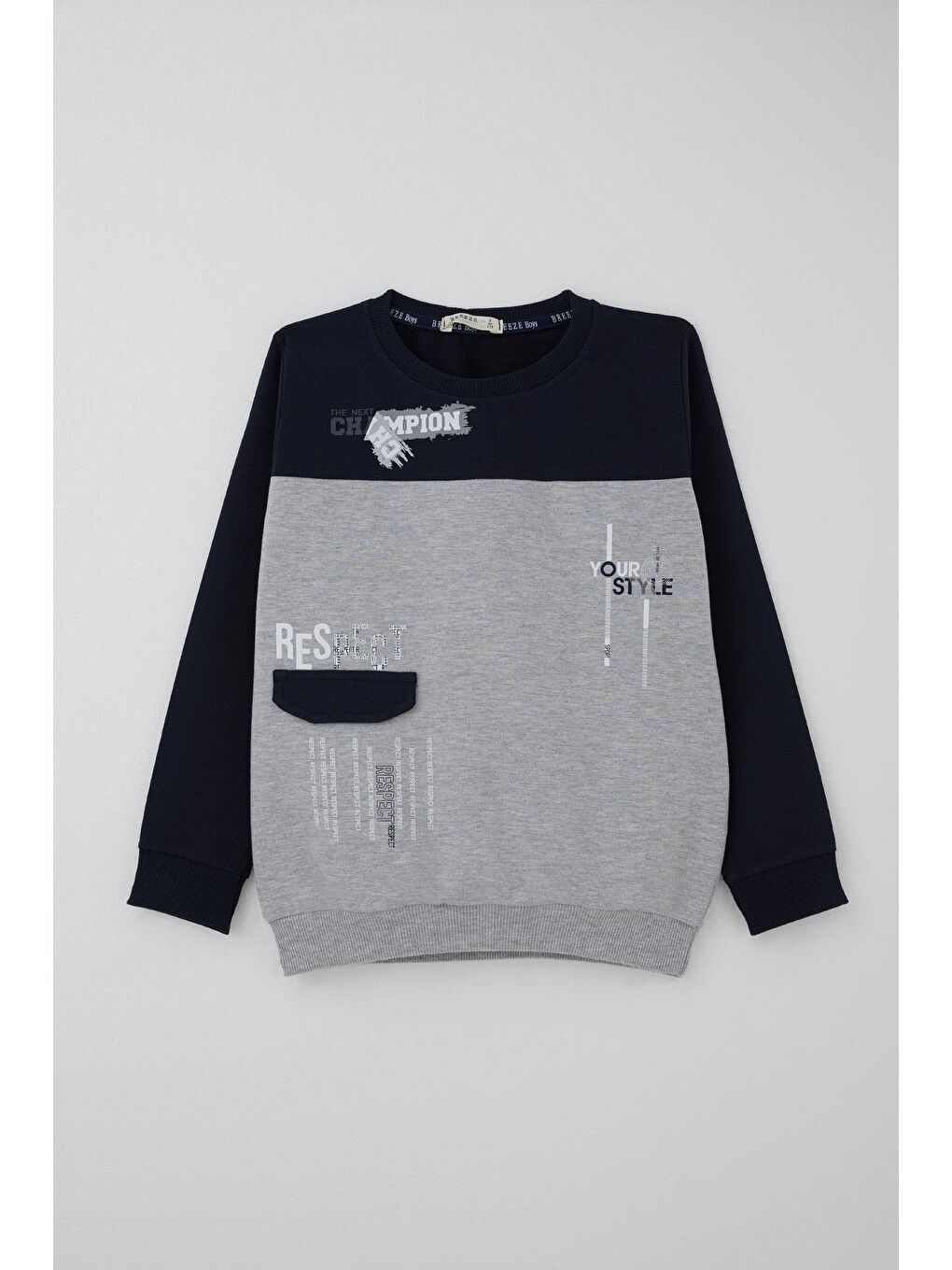 Erkek Çocuk Eşofman Takımı Cep Kapak Detaylı Yazı Baskılı Açık Gri Melanj (7-12 Yaş)-1