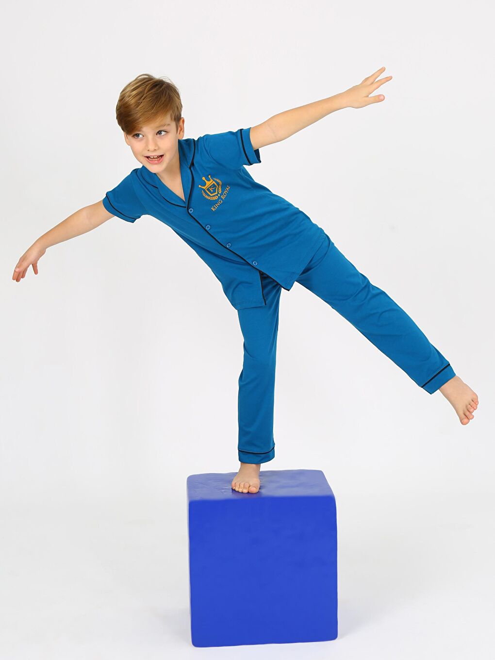 Erkek Çocuk Kısa Kollu %100 Pamuklu Düğmeli Pijama Takımı King Petrol-1