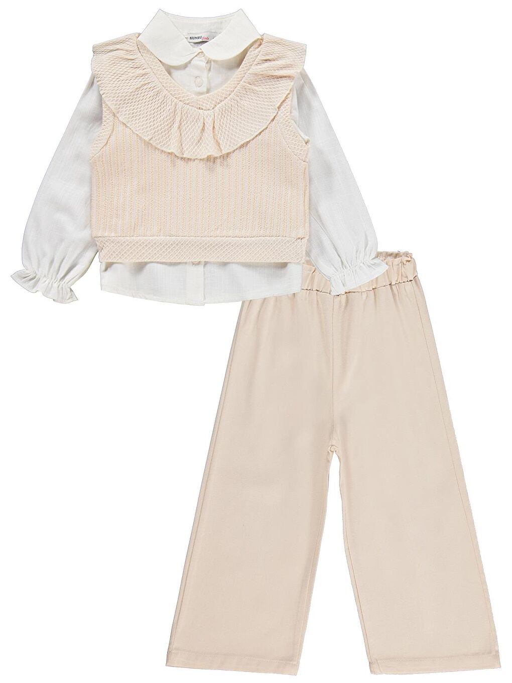 Civil Girls V Yaka Süeter Pantolon 3 Lü 2-5 Yaş Takım - Bej 2-3 Yaş