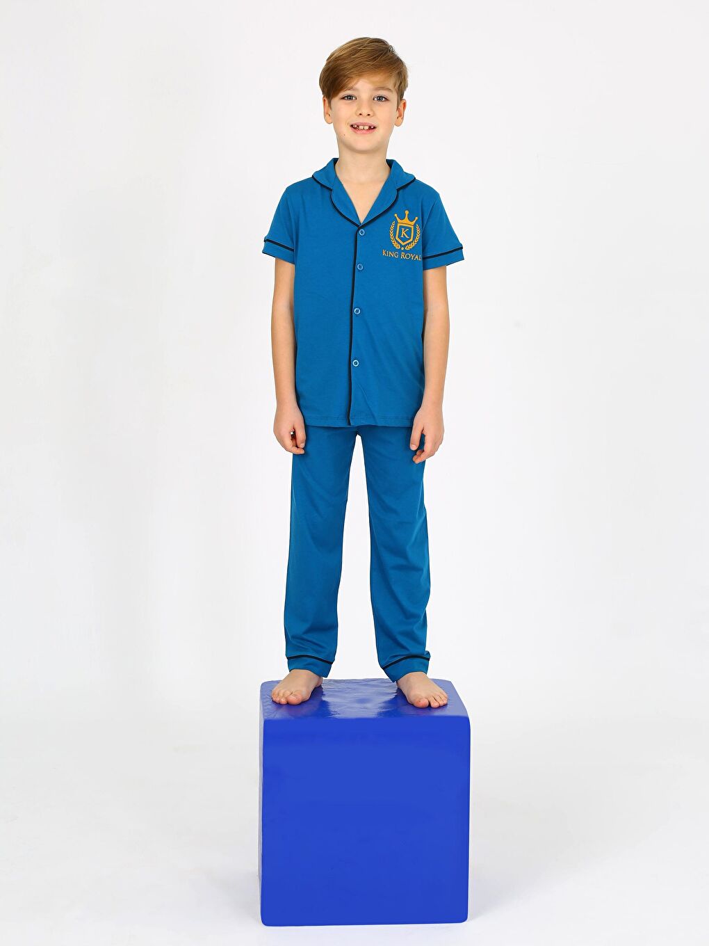 Erkek Çocuk Kısa Kollu %100 Pamuklu Düğmeli Pijama Takımı King Petrol-2