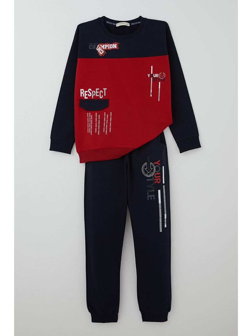 Erkek Çocuk Eşofman Takımı Cep Kapak Detaylı Yazı Baskılı Kırmızı (7-12 Yaş)