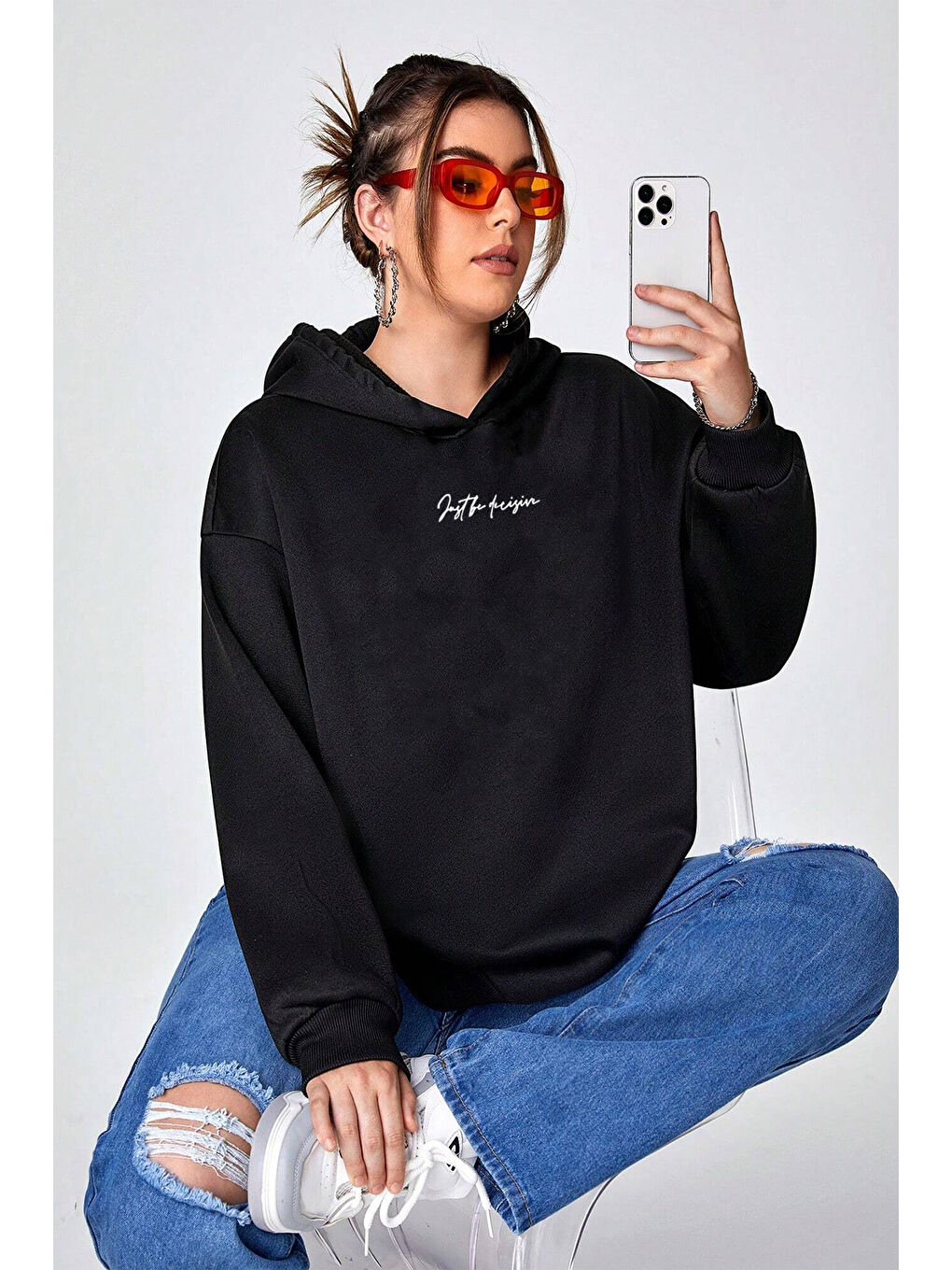 uyguntarz Siyah Challange Bear Baskılı Oversize Sweatshirt