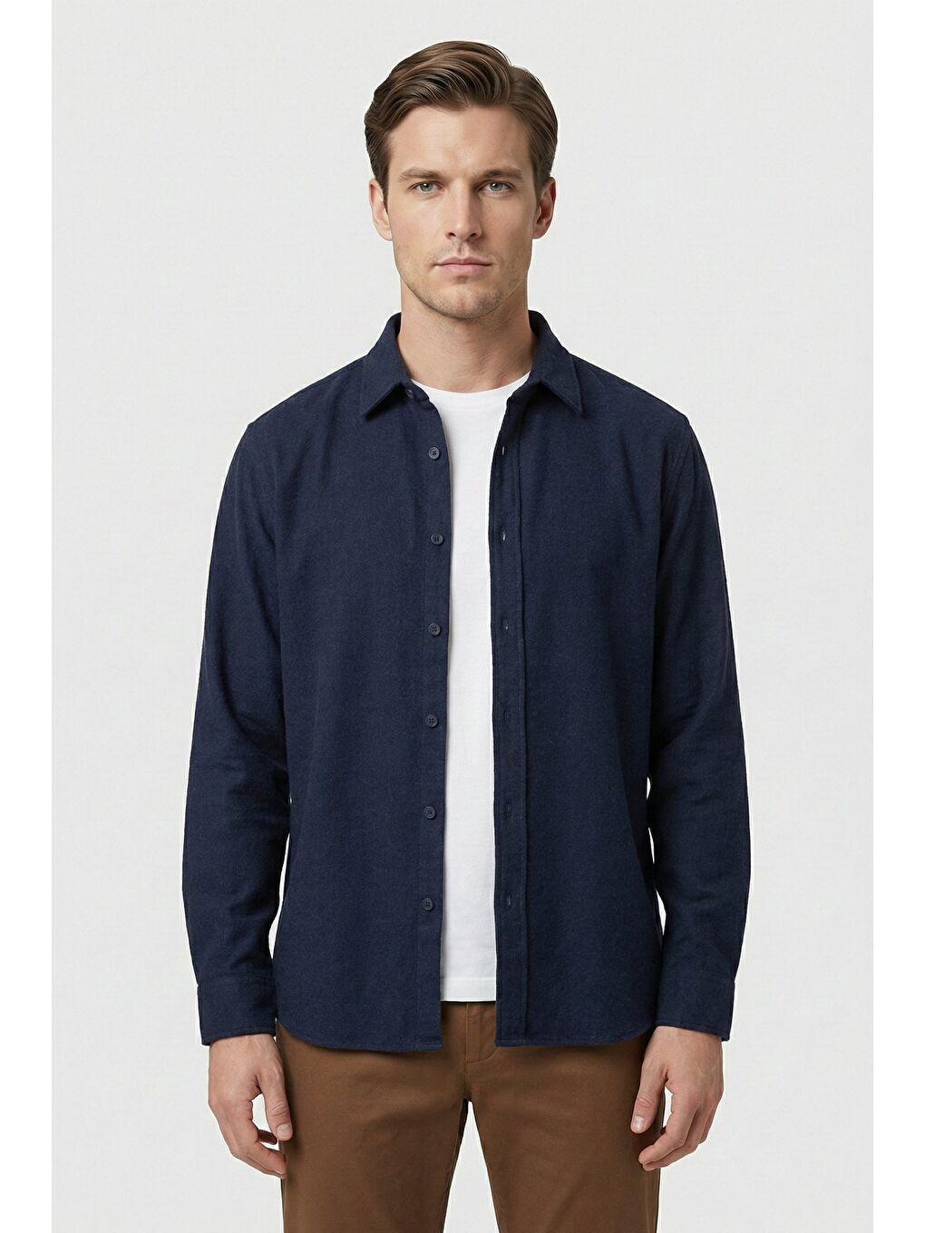 Lacivert Regular Fit Pamuklu Uzun Kollu Düz Polo Yaka Erkek Gömlek