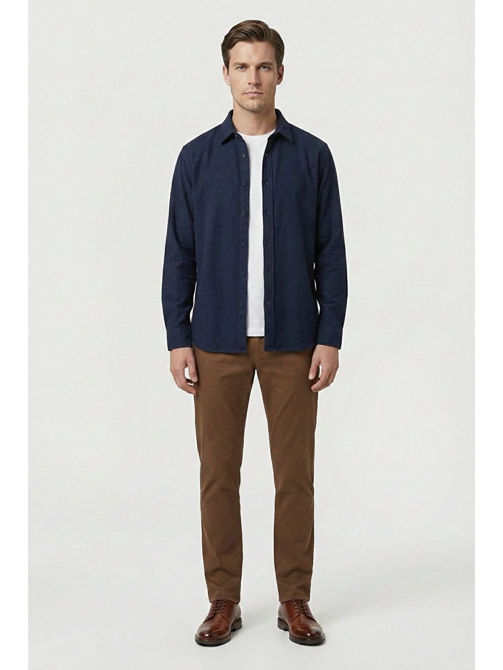 Lacivert Regular Fit Pamuklu Uzun Kollu Düz Polo Yaka Erkek Gömlek-1