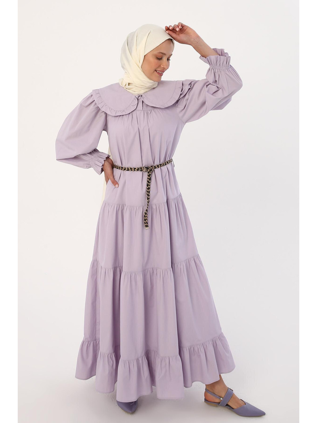 Lila %100 Pamuk Bebe Yaka Fırfırlı Kemerli Elbise-4