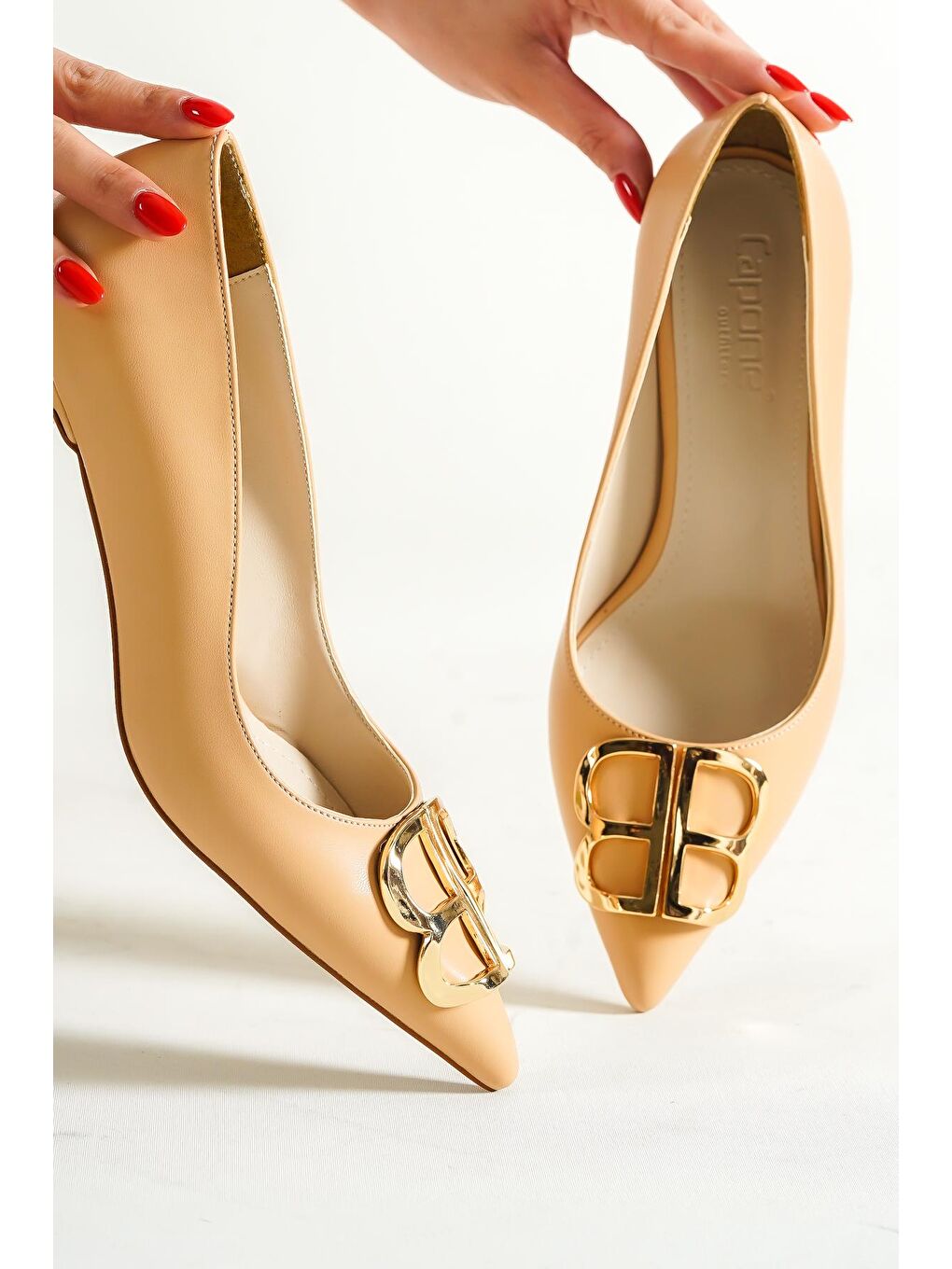 Bej Orta Topuklu BB  Tokalı Sivri Burunlu Stiletto-3